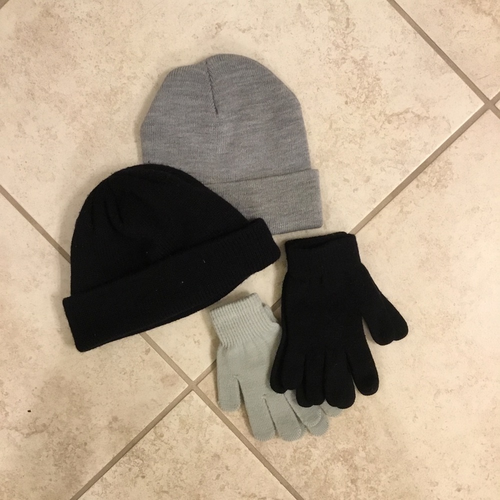 Set of two knit beanies and two sets of knit gloves
